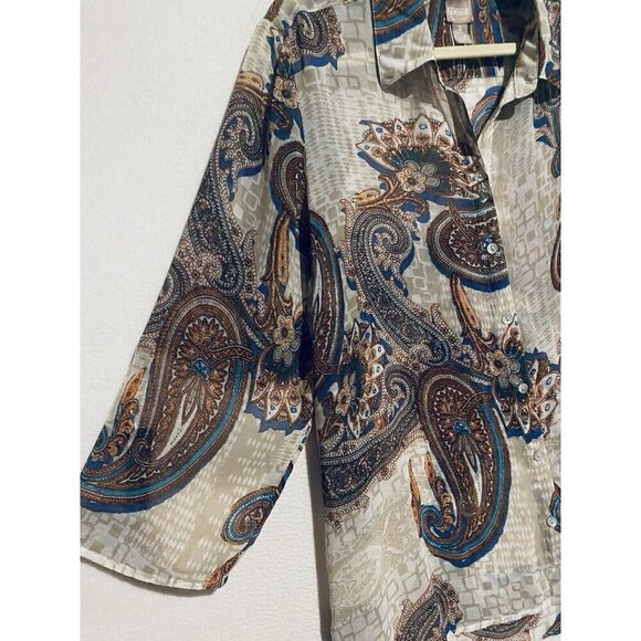 Chicos Top Womens Large 12 Boho Paisley Print Sheer Asymmetrical Hem Flowy - Picture 3 of 10